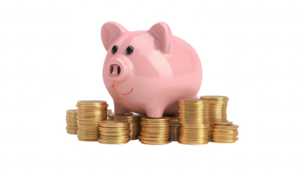 3D piggy bank with a stack of coins isolated on a white background, png, transparent