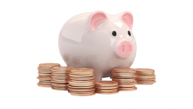 3D piggy bank with a stack of coins isolated on a white background, png, transparent