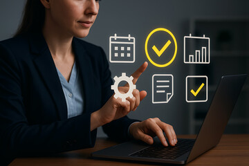 Businesswoman using laptop with floating digital icons for task and progress check