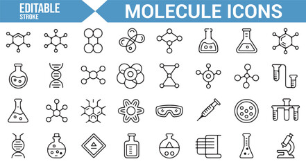 Set of icons representing molecular structures, chemical bonds, and laboratory tools for scientific and educational projects.

