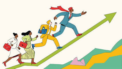 Obraz premium Diverse Business Professionals Running Upward on Growth Arrow Vector Illustration for Corporate Success, Financial Progress & Career Development (EPS)