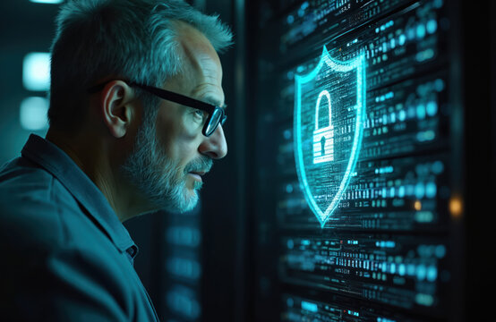 Middle-aged man in glasses observes digital security shield with lock icon on server rack. Cybersecurity expert working in data center. Modern tech protects business, network systems, privacy. - Powered by Adobe