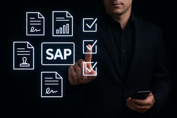 SAP dashboard interface displaying data charts and business icons in dark office