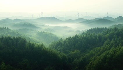 A panoramic view of the forest with wind turbines in the distance, seen from above. The sky is light and foggy, creating an atmosphere reminiscent of early morning or late evening.