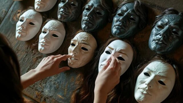 Identity shifting: observer examines facial expressions, evaluating emotional alignment with personal psyche, exploring psychological tension between true self and adopted roles, theatrical facades.