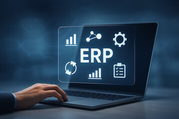 Laptop interface with ERP dashboard, financial growth icons, and user management