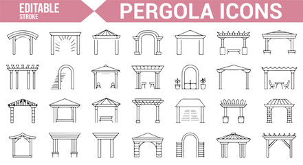 Set of pergola design icons featuring wooden structures, arches, and outdoor decoration elements.