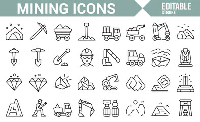 Vector icons of mining equipment, including excavators, pickaxes, and mining trucks for industry and construction.
