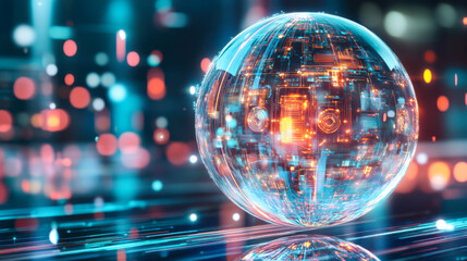 Futuristic holographic sphere with data patterns in a vibrant digital space