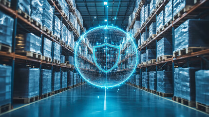 Futuristic warehouse showcasing digital security technology and organized storage system in an industrial setting