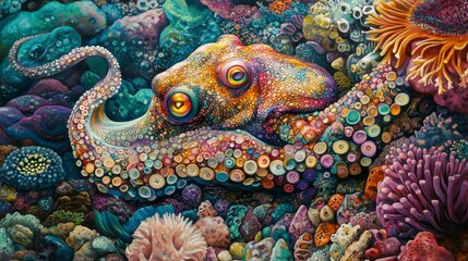 Vibrant octopus amidst colorful coral reef, intricate details.
