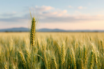 Naklejka premium serene wheat field at sunset with golden hues illuminating landscape