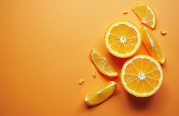 Top view juicy orange slices on vibrant orange background. Sliced citrus fruit pieces. Fresh fruit slices. Healthy food, vegan diet, vitamin C source. Raw ingredients for juice.