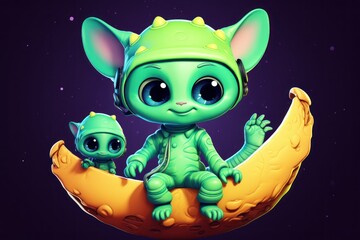 Two cute little baby aliens sitting on the moon. Cartoon 2d illustration. UFO. Humanoid. Alien. Sci Fi Concept With Copy Space.