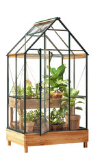 A small glass greenhouse with a metal frame and wooden base, set against a white background, png, transparent
