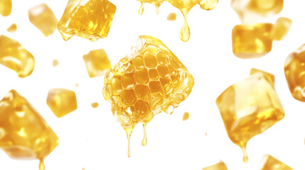 Floating radiant golden honeycomb chunks dripping with luminescent nectar isolated on white background