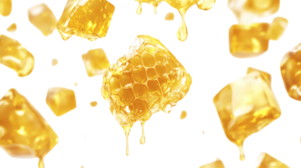 Floating radiant golden honeycomb chunks dripping with luminescent nectar isolated on white background 