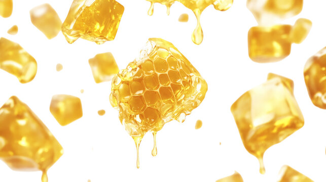 Floating radiant golden honeycomb chunks dripping with luminescent nectar isolated on white background 