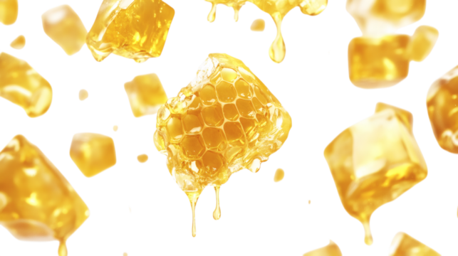 Floating radiant golden honeycomb chunks dripping with luminescent nectar isolated on white background 