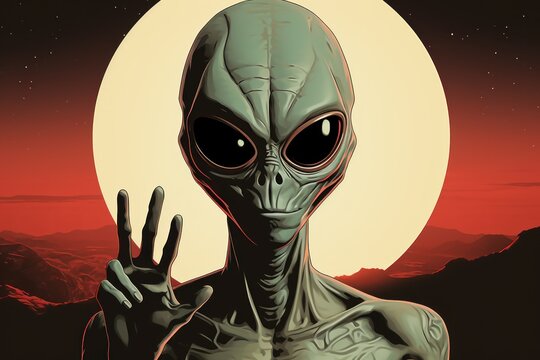 Alien in front of the full moon. 3D illustration. Retro style. UFO. Humanoid. Alien. Sci Fi Concept With Copy Space.