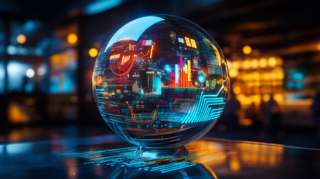 Innovative holographic globe displaying data analytics and digital connectivity in a modern room at night