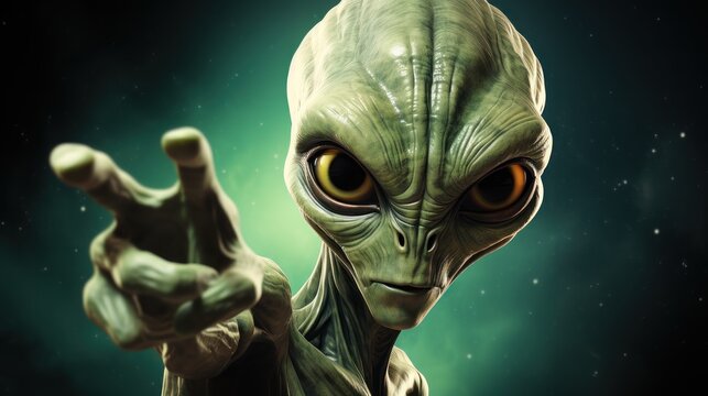 Alien  pointing on camera. Alien with finger pointing up. 3d illustration. Selective focus. UFO. Humanoid. Alien. Sci Fi Concept With Copy Space.