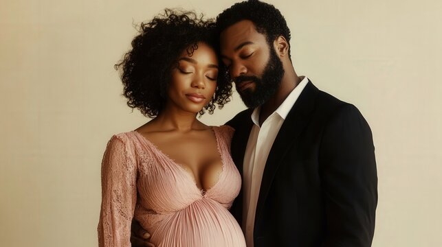 Pregnant African American couple in studio portrait, man with short beard holding wife's belly, woman in pink dress with curly hair, pastel background, love and anticipation.