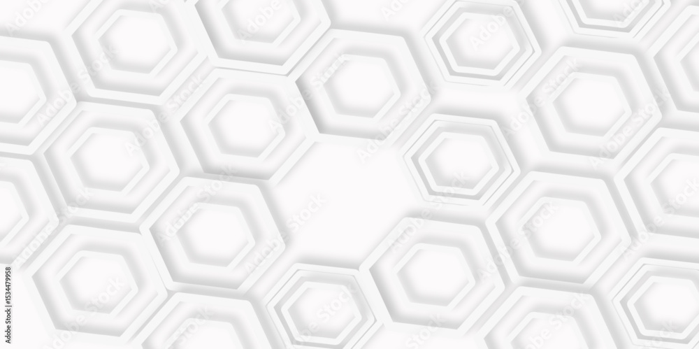 Poster pattern of multiple overlapping hexagonal shapes and soft shadows white background.