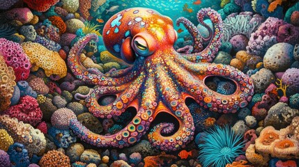 Vibrant octopus resting amidst colorful coral reef.