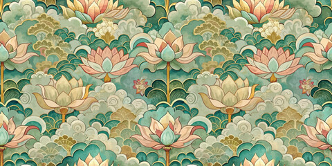 Elegant lotus flower pattern with serene aqua and pastel tones.