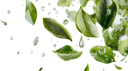 Floating radiant emerald green matcha tea leaves sparkling with dew of magic isolated on white background 