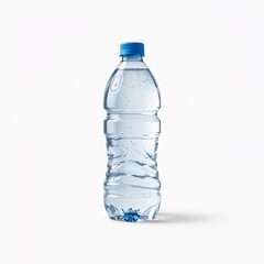 Clear plastic water bottle with blue cap on white background  