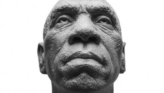 Black-and-white photograph of a sculptural head with detailed skin texture, png, transparent