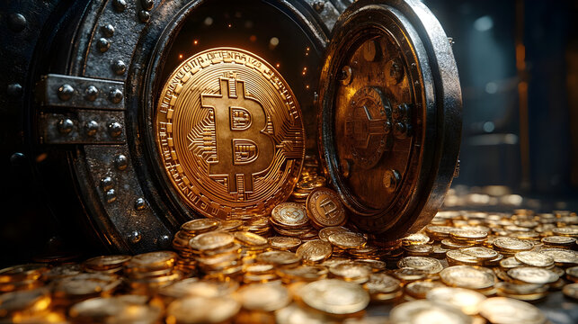 Bitcoin wealth concept: golden bitcoin coins in a vault, cryptocurrency investments