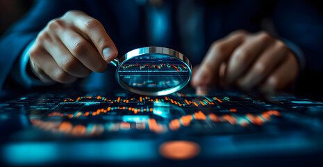 Analyzing stock market data with magnifying glass for investment and financial growth