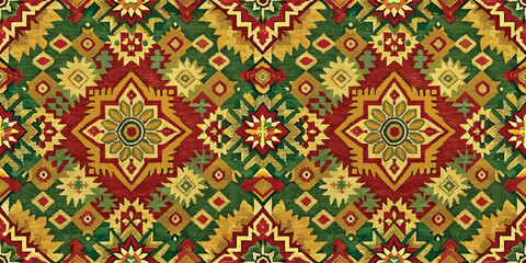 Vibrant geometric pattern featuring intricate designs in red, green, and yellow hues.