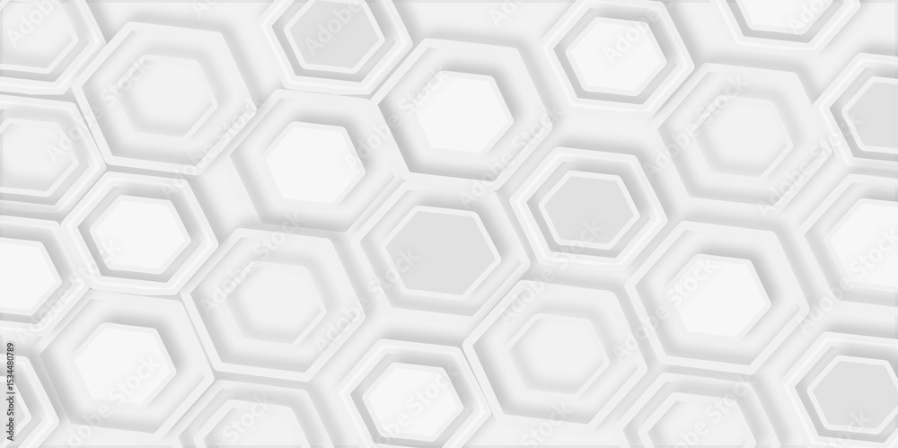 Poster pattern of multiple overlapping hexagonal shapes and soft shadows white background.