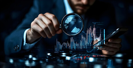 Analyzing stock market data with magnifying glass for investment and finance growth