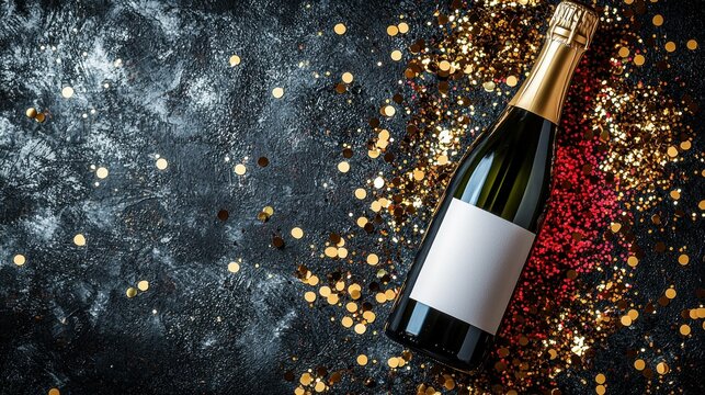 Champagne bottle amidst scattered gold confetti - Powered by Adobe