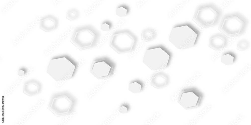 Poster floating white hexagons and circles with creating a subtle pattern soft shadows plain white backgrou
