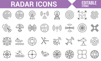 Simple radar icon set representing wave patterns, satellites, and antenna systems for security and communication applications.