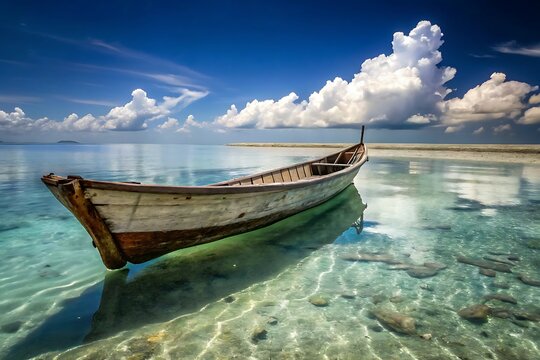 Traditional Wooden Boat on Crystal Clear Tropical Water - Powered by Adobe
