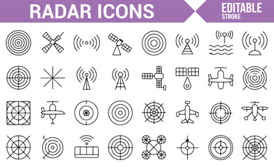 Radar icons collection for aviation, military, and technology-related designs, including signal patterns and antennas.