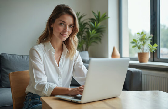 Attractive businesswoman works laptop in living room. Smiling female entrepreneur looks at camera, happy with successful business. Remote work at home. Modern workspace with houseplants, cozy home