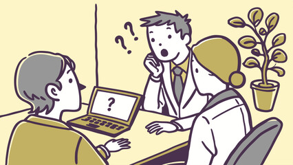 Illustration of a business meeting with two professionals consulting a client using a laptop with question mark symbol.