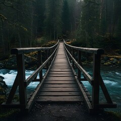 Fototapeta premium Wooden Bridge Over River in Forest