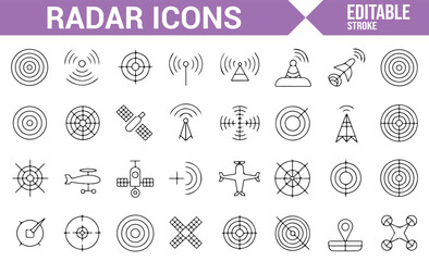 Set of radar icons featuring antennas, satellite signals, and detection systems for technology and communication.