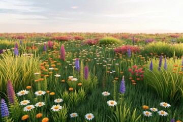 Vibrant wildflower meadow with rolling hills under bright blue spring sky