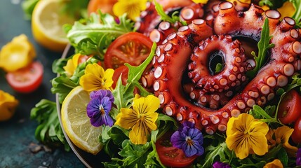 Fototapeta premium Cooked octopus in salad with flowers & citrus