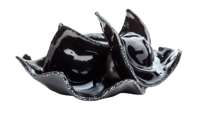Floating magical midnight-black squid ink ravioli with shimmering silver edges isolated on white background 